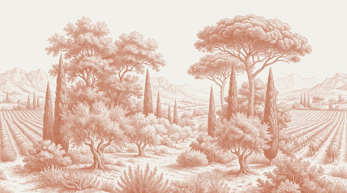 Papier peint panoramique arbres méditerranéens - Pins parasol cyprès oliviers paysage méditerranéen gravure détaillée Terracotta sur mesure - Design
