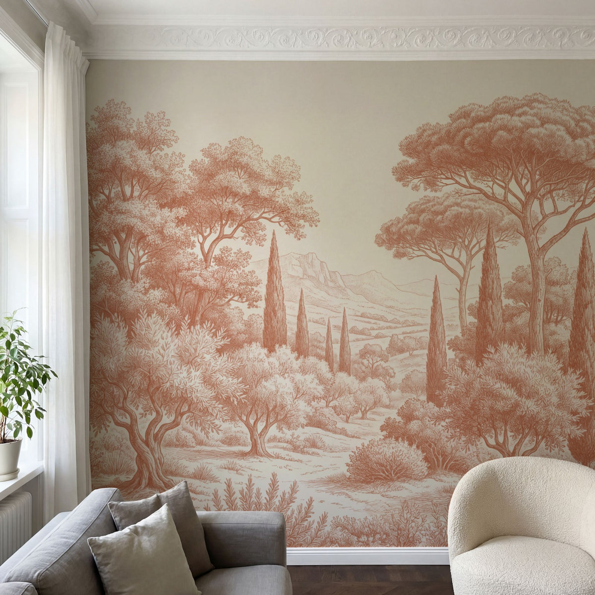 Papier peint panoramique arbres méditerranéens - Pins parasol cyprès oliviers paysage méditerranéen gravure détaillée Terracotta sur mesure - Collines Toscanes - Terracotta