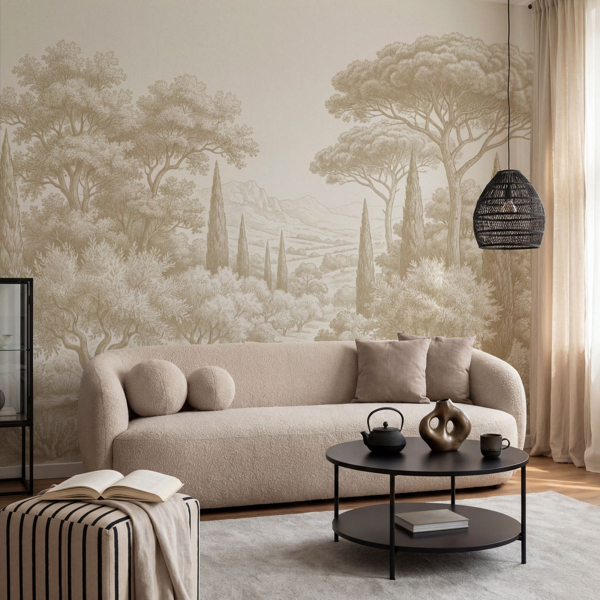 Papier peint panoramique arbres méditerranéens - Pins parasol cyprès oliviers paysage méditerranéen gravure détaillée Beige sur mesure - Collines Toscanes - Beige