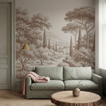 Papier peint panoramique arbres méditerranéens - Pins parasol cyprès oliviers paysage méditerranéen gravure détaillée Marron sur mesure - Collines Toscanes - Marron