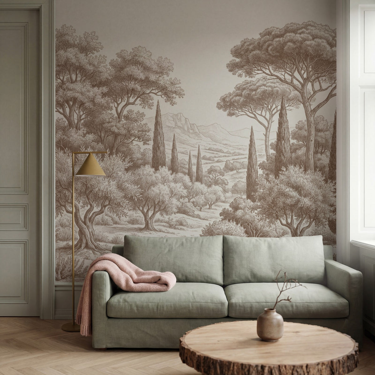 Papier peint panoramique arbres méditerranéens - Pins parasol cyprès oliviers paysage méditerranéen gravure détaillée Marron sur mesure - Collines Toscanes - Marron