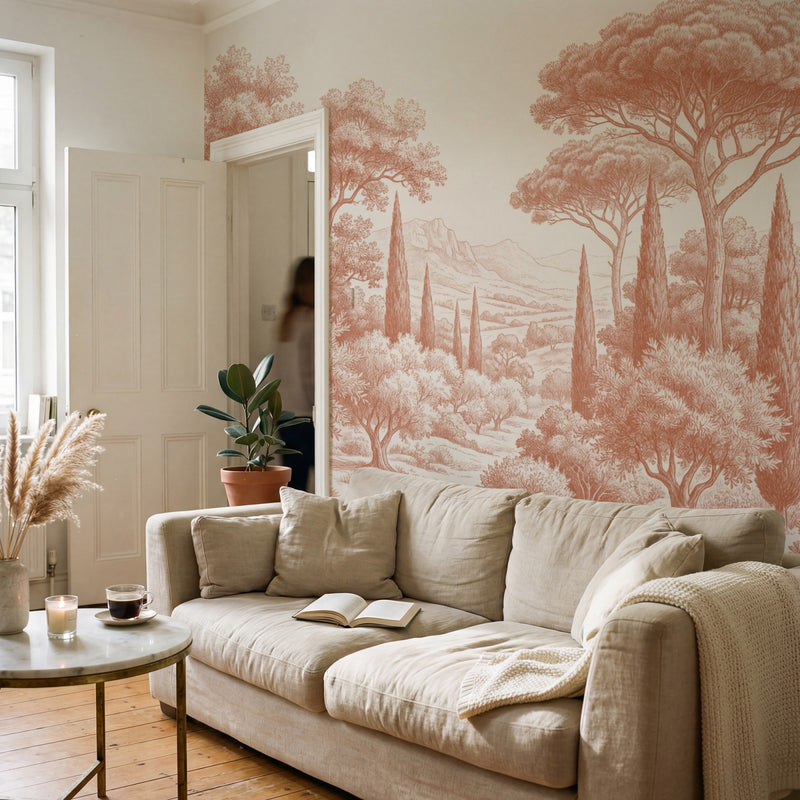 Papier peint panoramique arbres méditerranéens - Pins parasol cyprès oliviers paysage méditerranéen gravure détaillée Terracotta sur mesure - Collines Toscanes - Terracotta