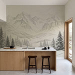 Papier peint panoramique forêt - Sapins épicéas enneigés montagnes alpines gravure Noir & Blanc sur mesure - Sommets Enneigés - Noir & Blanc