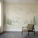 Papier peint panoramique forêt - Sapins épicéas enneigés montagnes alpines gravure vert sauge sur mesure - Sommets Enneigés - Vert sauge