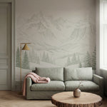 Papier peint panoramique forêt - Sapins épicéas enneigés montagnes alpines gravure vert sauge sur mesure - Sommets Enneigés - Vert sauge