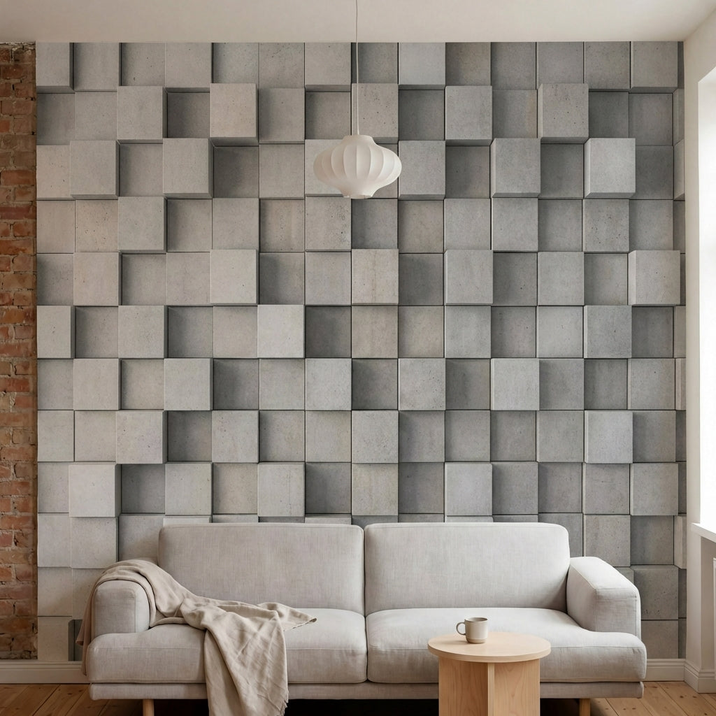 papier peint 3d geometrique cubes rectangles relief superposes tons gris beton e-5