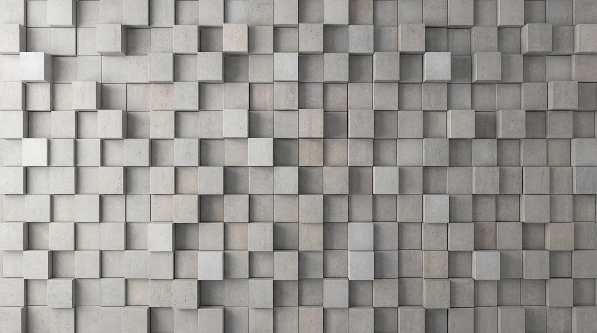 Papier peint panoramique 3d géométrique - Cubes rectangles relief superposés tons gris béton et blanc cassé sur mesure - Design