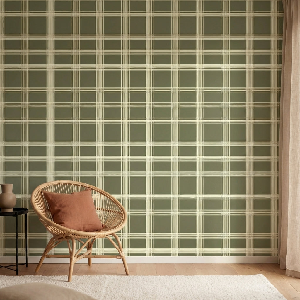 papier peint a carreaux lignes entrecroisees et quadrillages vert olive et creme-HERO-5