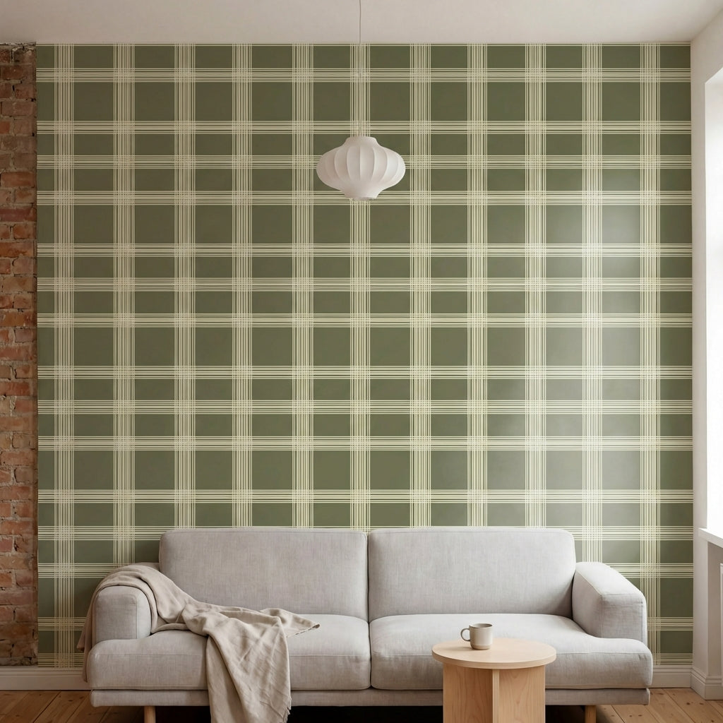 papier peint a carreaux lignes entrecroisees et quadrillages vert olive et creme-HERO-6