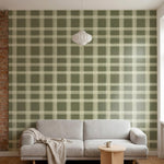 papier peint a carreaux lignes entrecroisees et quadrillages vert olive et creme-HERO-6