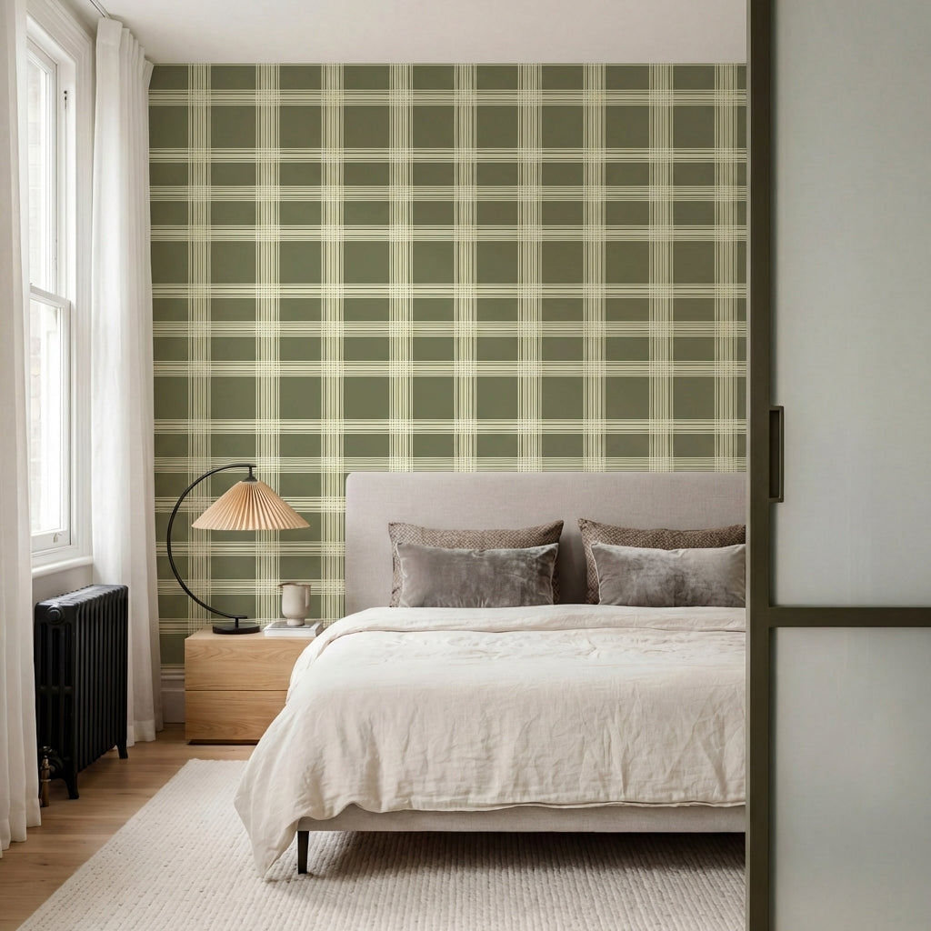 papier peint a carreaux lignes entrecroisees et quadrillages vert olive et creme-VARIANTE-2