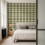 papier peint a carreaux lignes entrecroisees et quadrillages vert olive et creme-VARIANTE-2