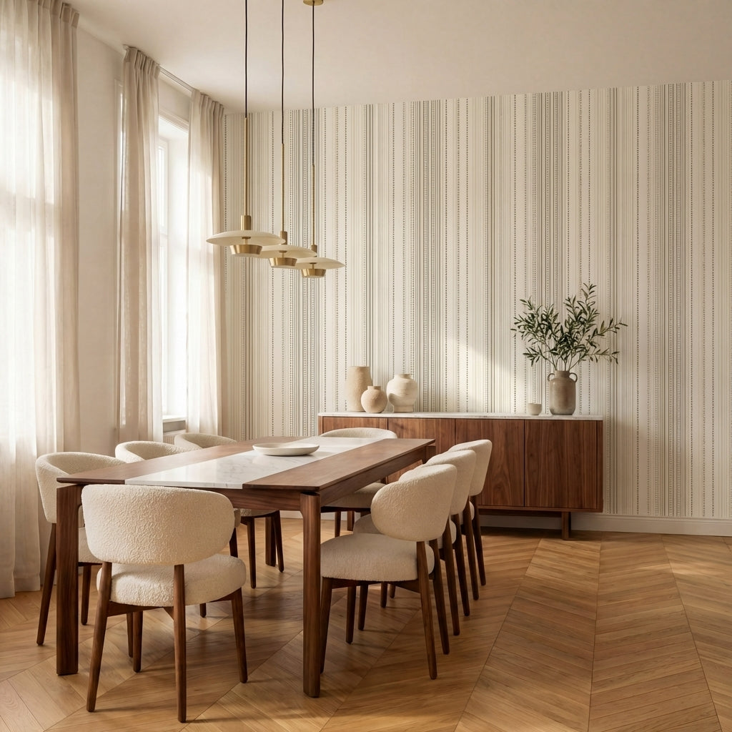 papier peint a rayures lignes et points verticaux beige taupe et blanc casse pan-VARIANTE-1