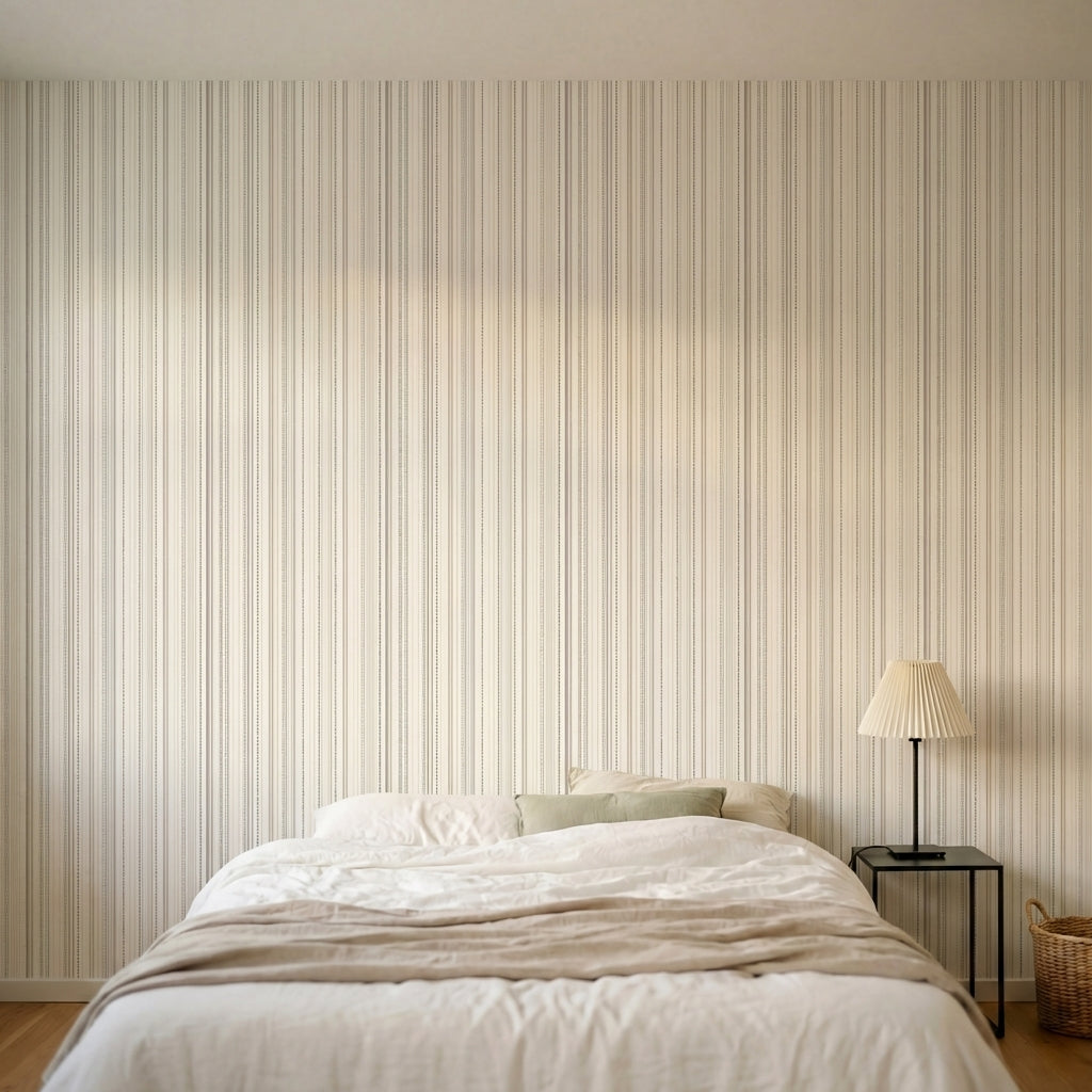 papier peint a rayures lignes verticales et points alignes beige taupe et gris p-HERO-1