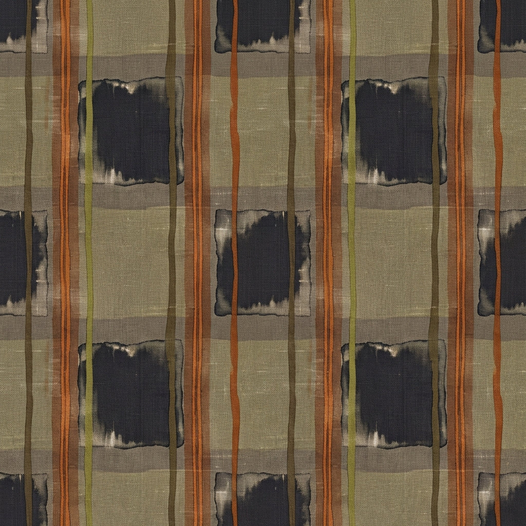 Papier peint motif abstrait - Bandes verticales et taches peinture beige taupe orange et bleu marine - Design
