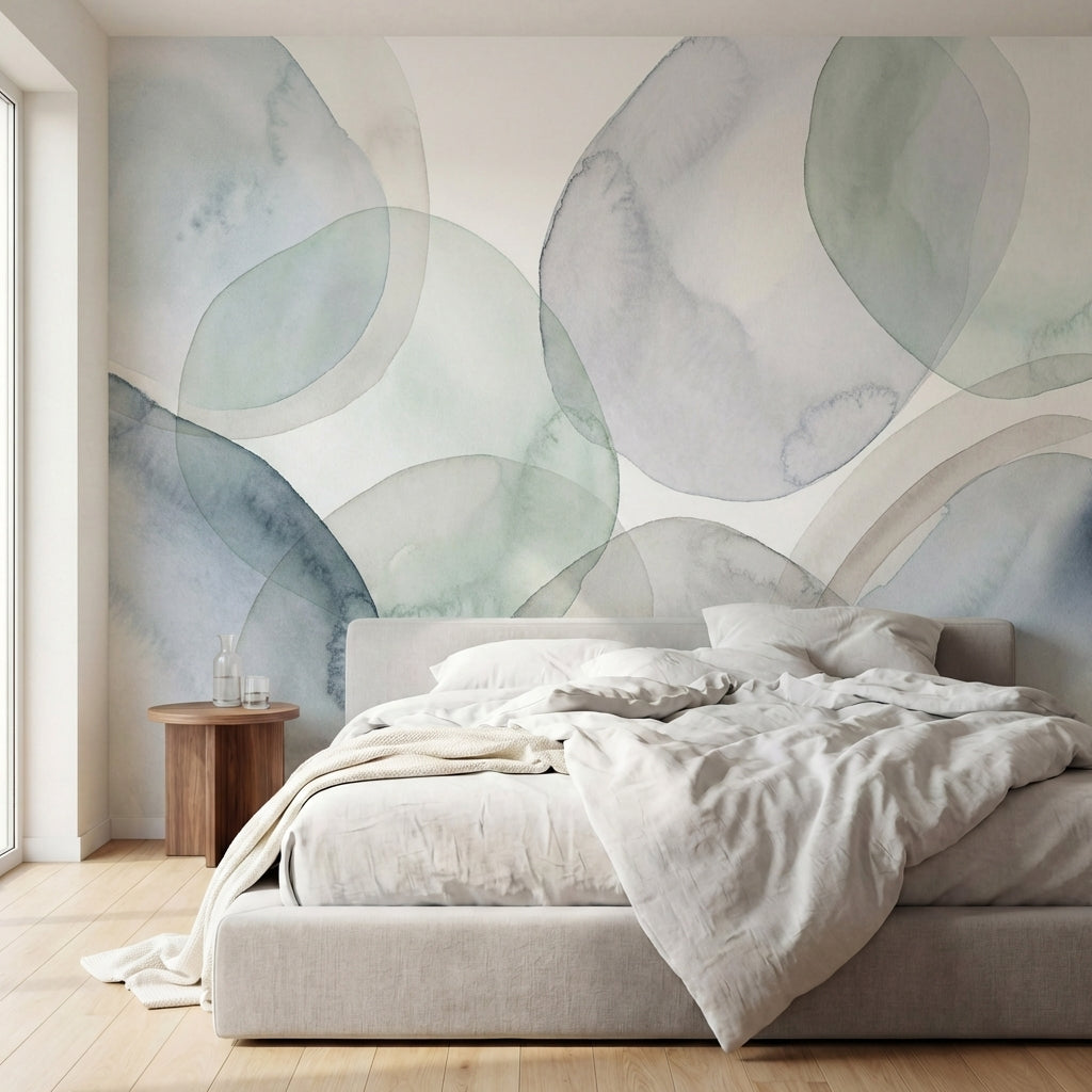 papier peint abstrait cercles aquarelle superposes tons vert sauge gris bleu et -2