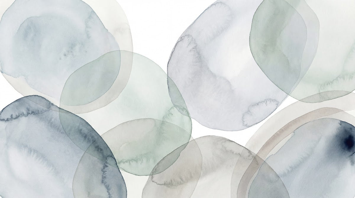 Papier peint panoramique abstrait - Cercles aquarelle superposés tons vert sauge gris bleu et beige crème sur mesure - Design