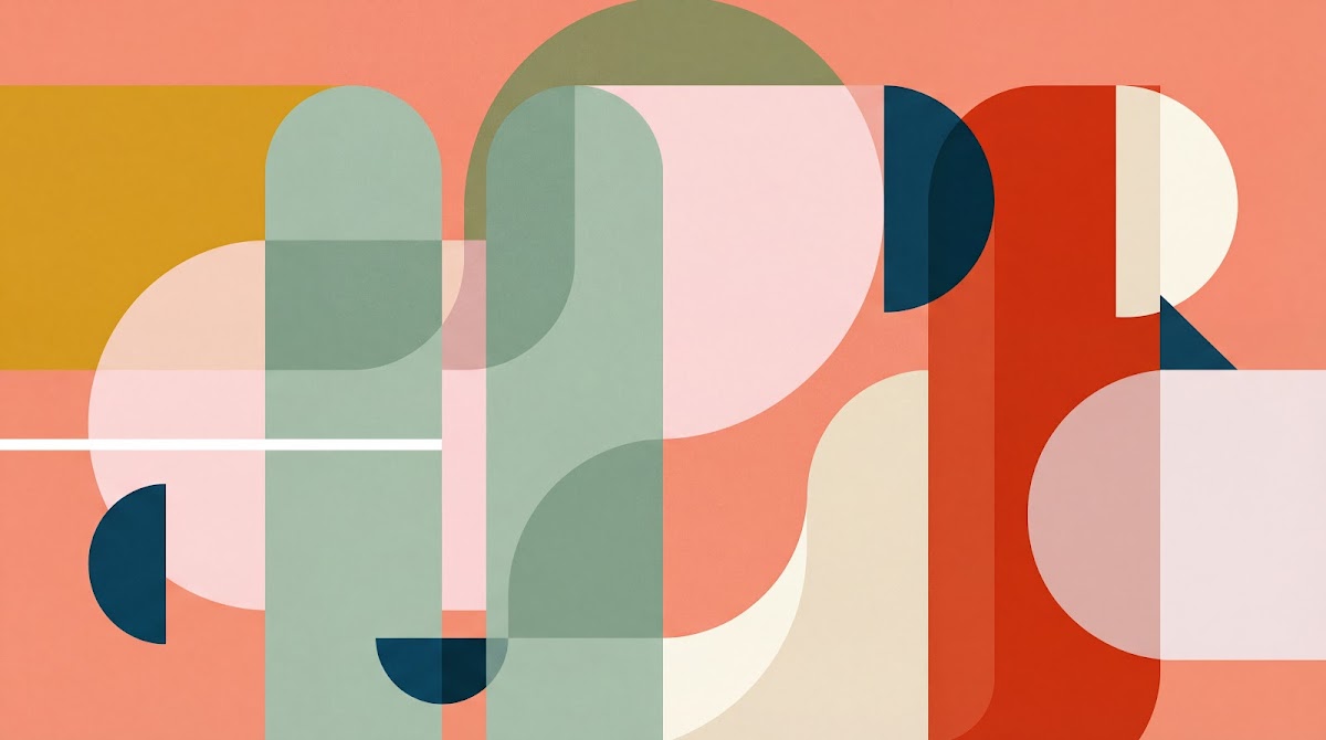 Papier peint panoramique abstrait - Formes arrondies lettres stylisées superposées tons corail rouge et vert olive sur mesure - Design