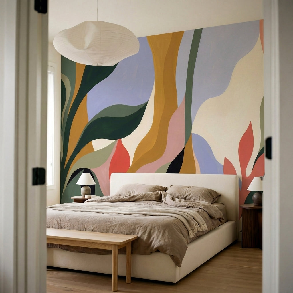 papier peint abstrait colore formes organiques fluides degrades verts roses oran-13