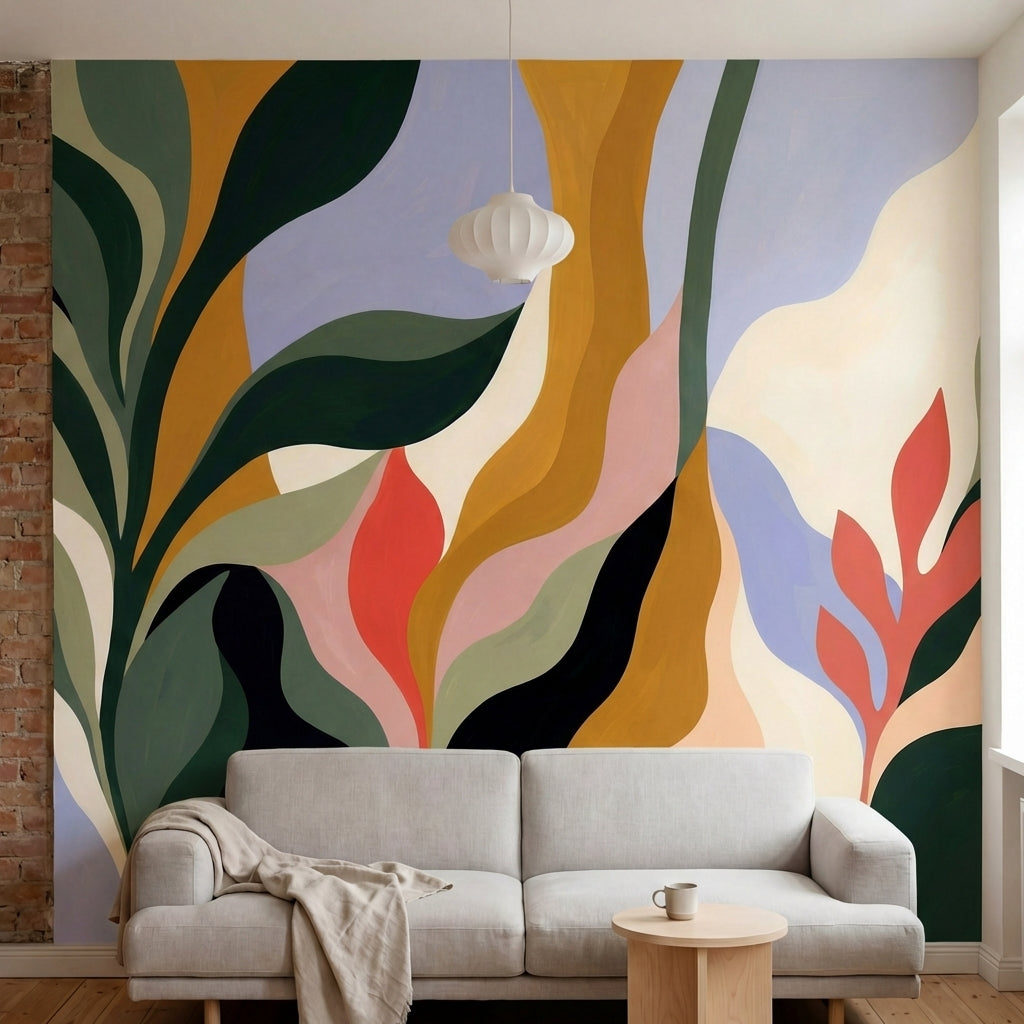 papier peint abstrait colore formes organiques fluides degrades verts roses oran-9
