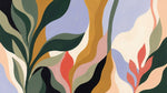 Papier peint panoramique abstrait - Formes organiques fluides dégradés verts roses oranges fond lavande sur mesure - Design