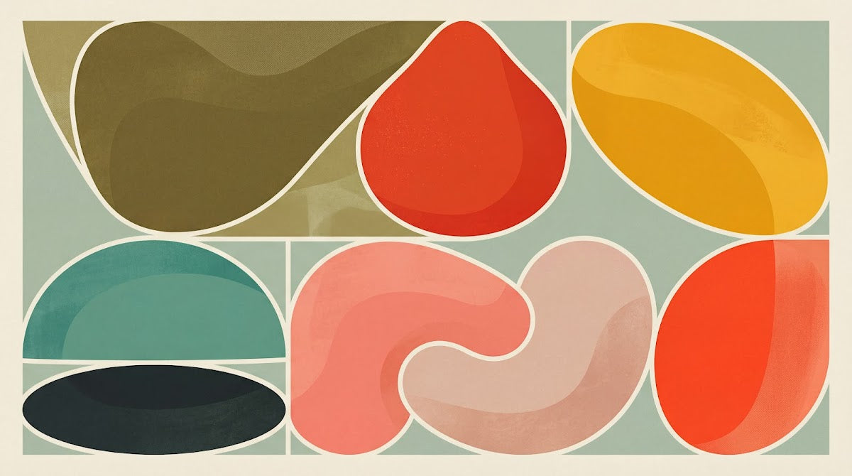 Papier peint panoramique abstrait - Formes organiques fluides superposées tons orange rouge et vert menthe sur mesure - Design