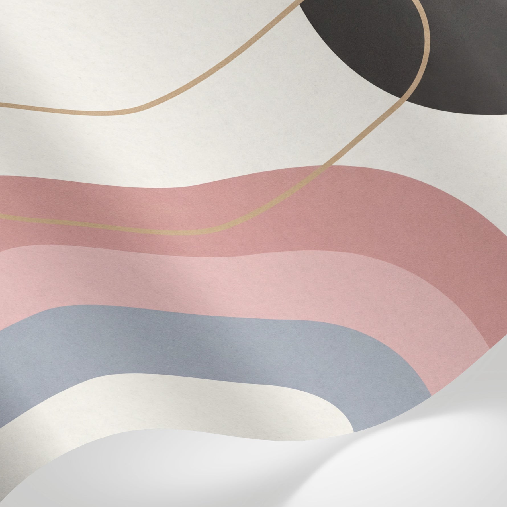 Papier peint panoramique abstrait - Formes arrondies superposées tons rose poudré beige et contours dorés sur mesure - Matière