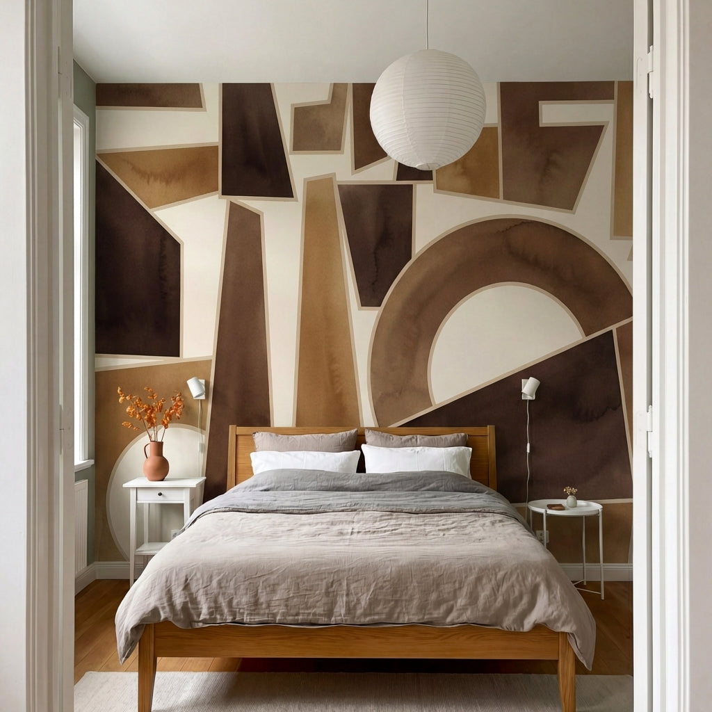 papier peint abstrait formes geometriques decoupees tons beige creme et brun cho-9