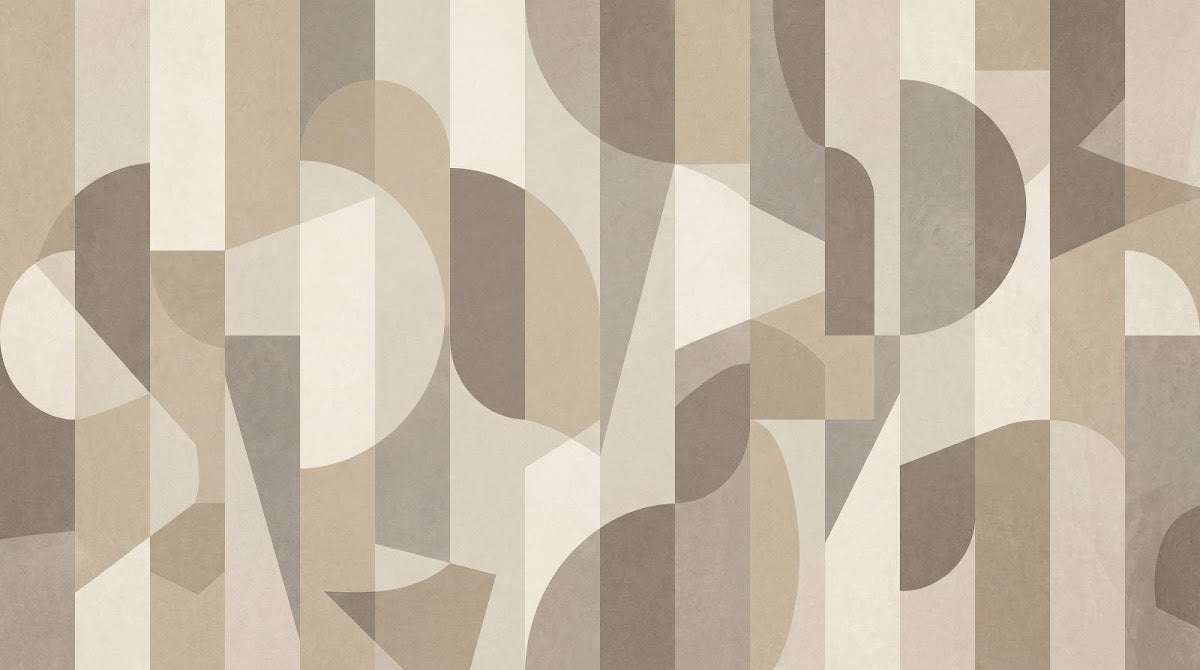 Papier peint panoramique abstrait - Formes géométriques transparentes superposées tons beige crème et brun taupe sur mesure - Design