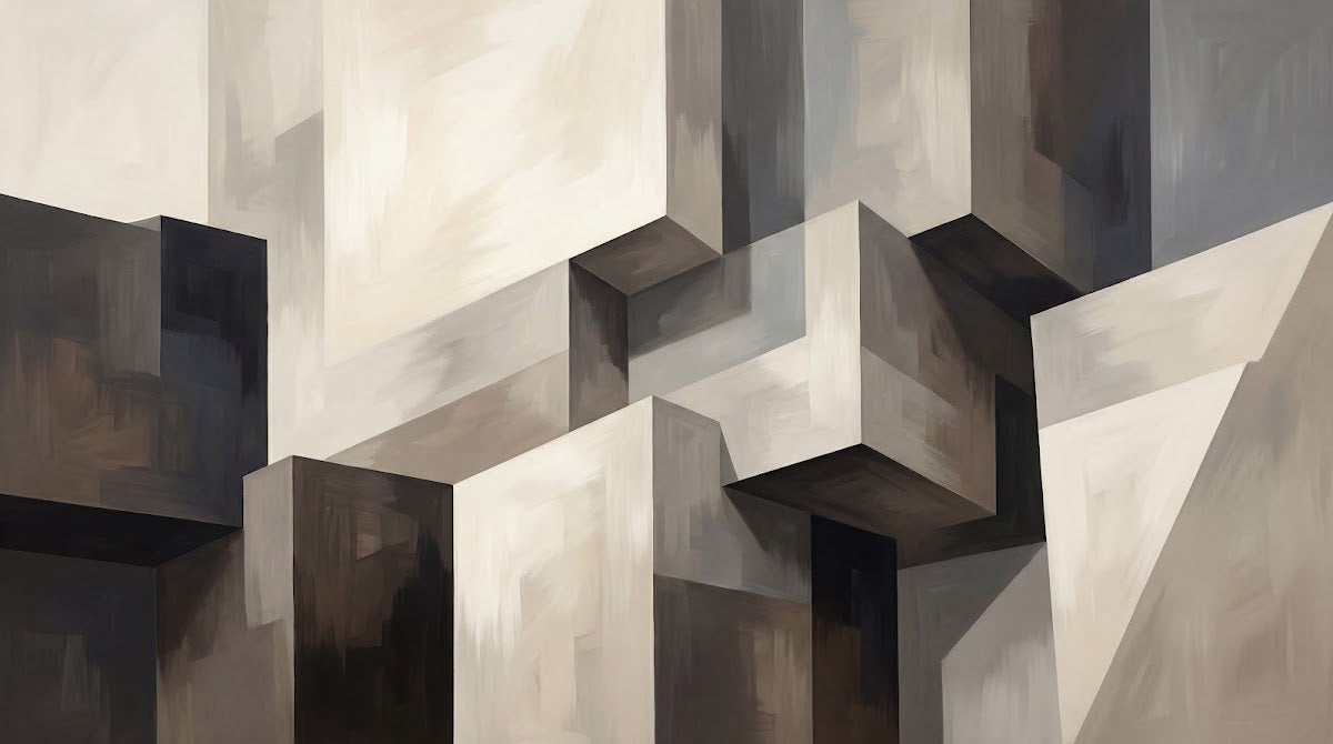 Papier peint panoramique abstrait - Formes géométriques tridimensionnelles blocs architecturaux tons beige crème et gris anthracite sur mesure - Design