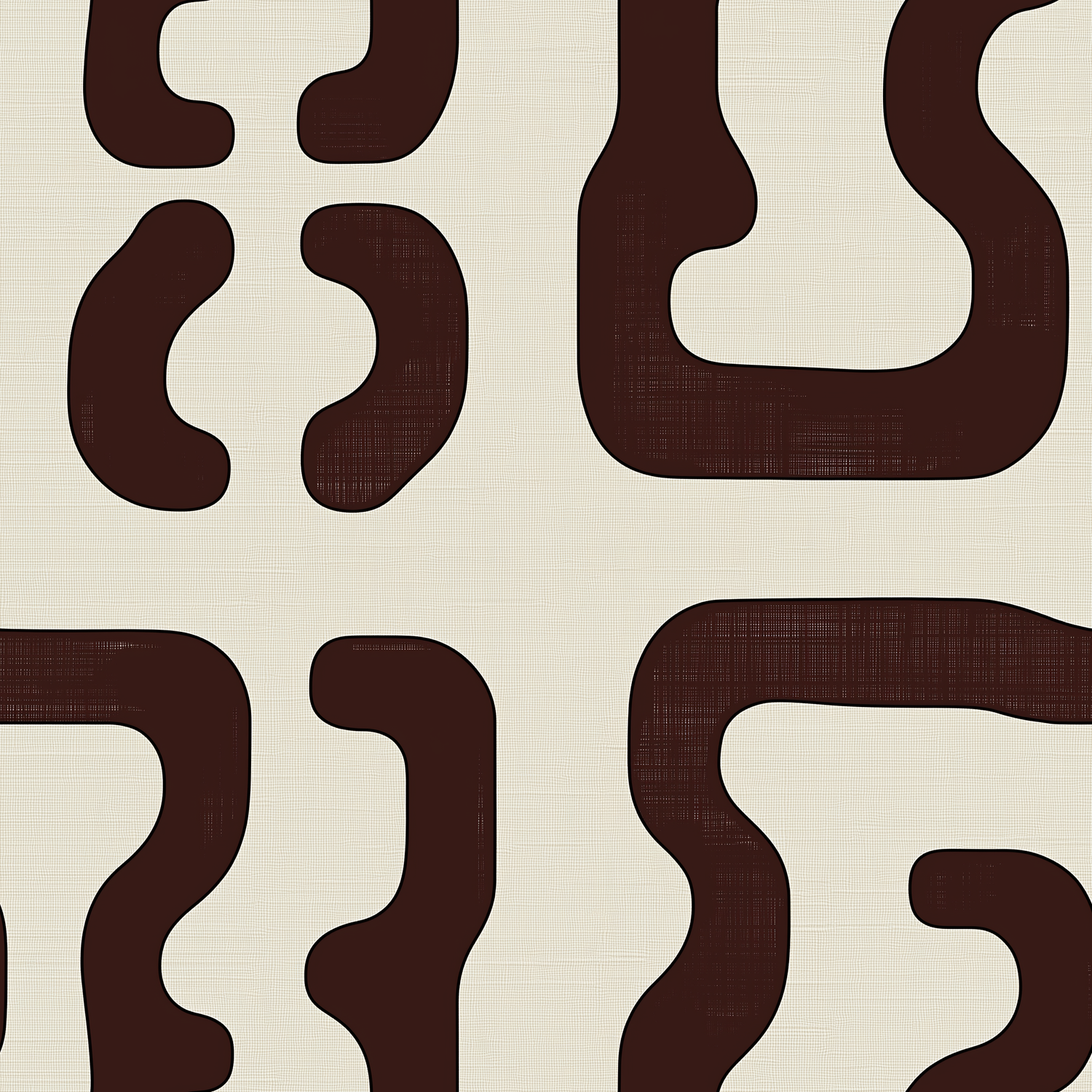 Papier peint motif abstrait - Formes ondulées et courbes organiques marron chocolat sur fond crème - Design