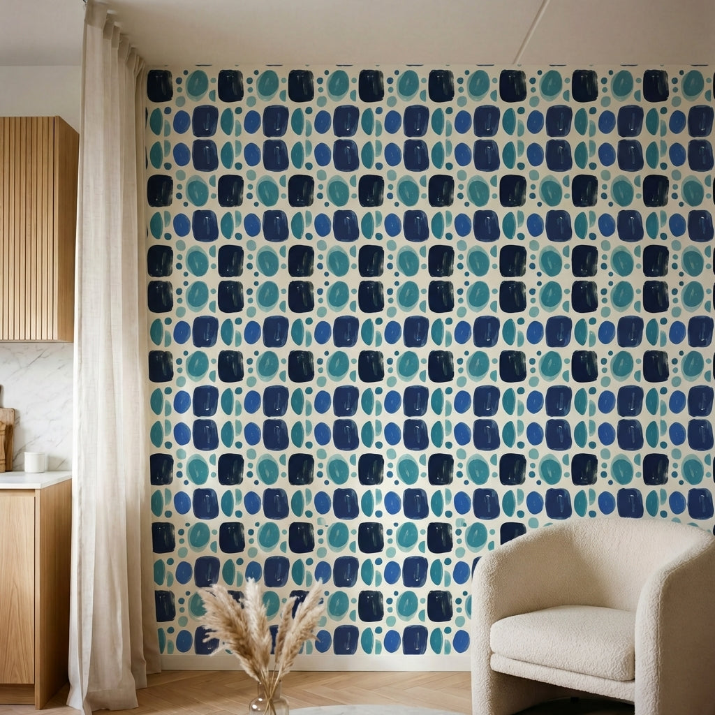 papier peint abstrait formes ovales et rectangulaires bleu marine et turquoise p-HERO-2