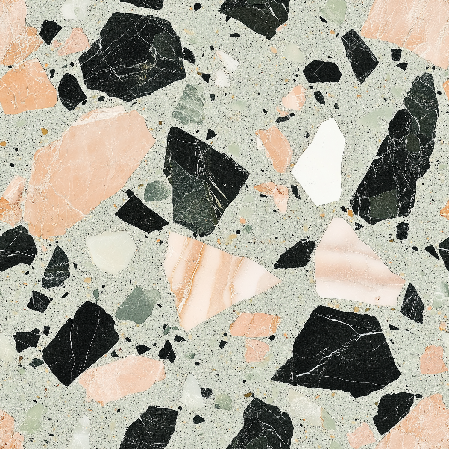 Papier peint motif abstrait - Fragments de terrazzo et éclats marbrés rose corail noir et blanc - Design