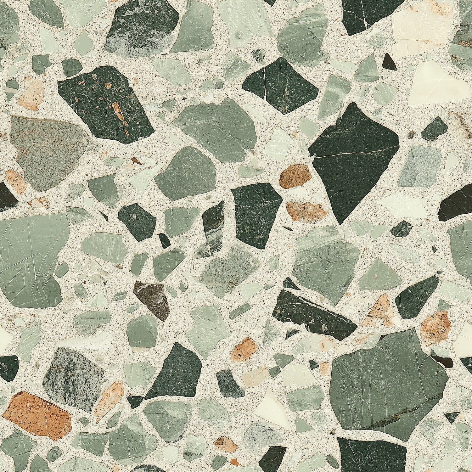 Papier peint motif abstrait - Fragments de terrazzo et éclats marbrés vert sauge beige et orange - Design