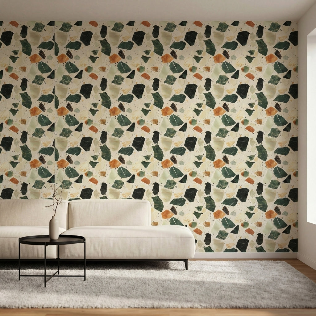 papier peint abstrait fragments de terrazzo et eclats marbres vert sauge orange -HERO-4