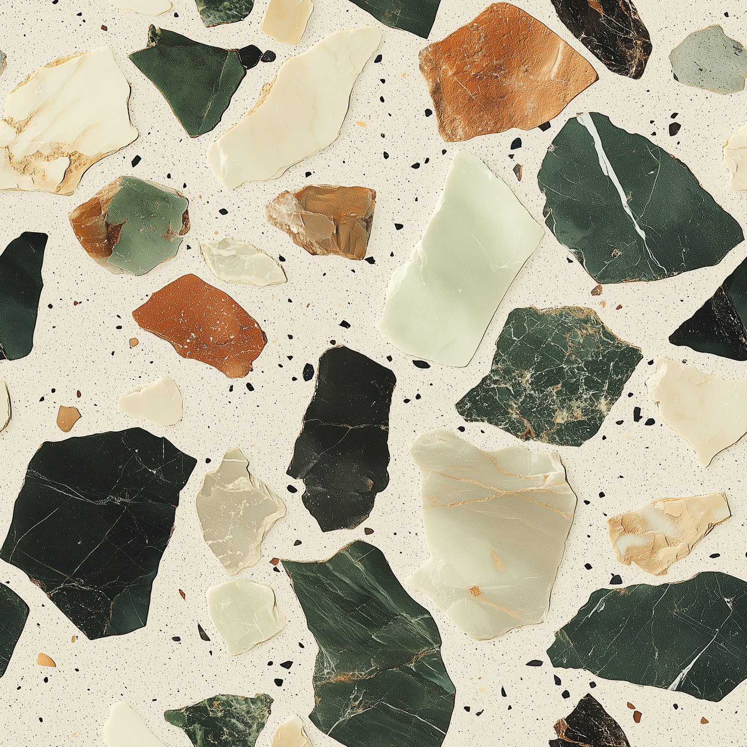 Papier peint motif abstrait - Fragments de terrazzo et éclats marbrés vert sauge orange et crème - Design