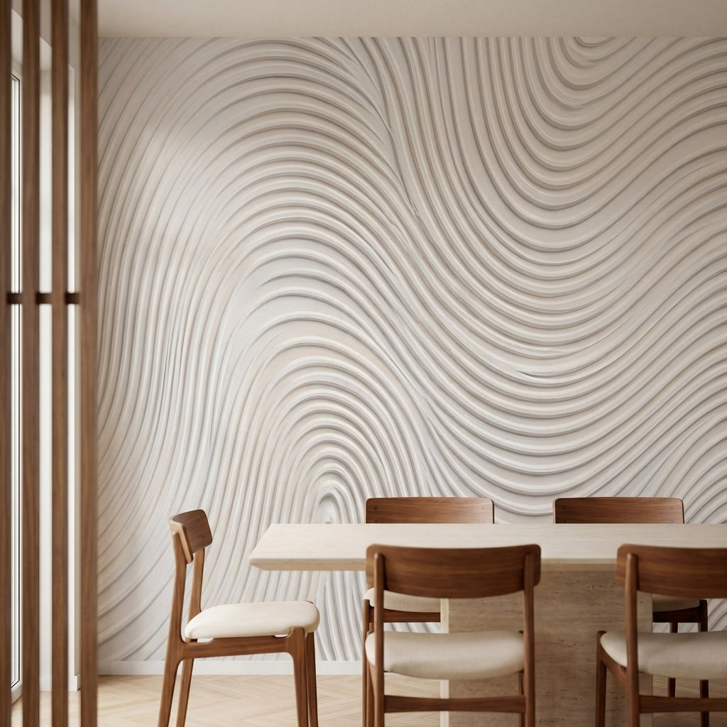 papier peint abstrait lignes courbes ondulantes relief sculptural tons beige cre-3
