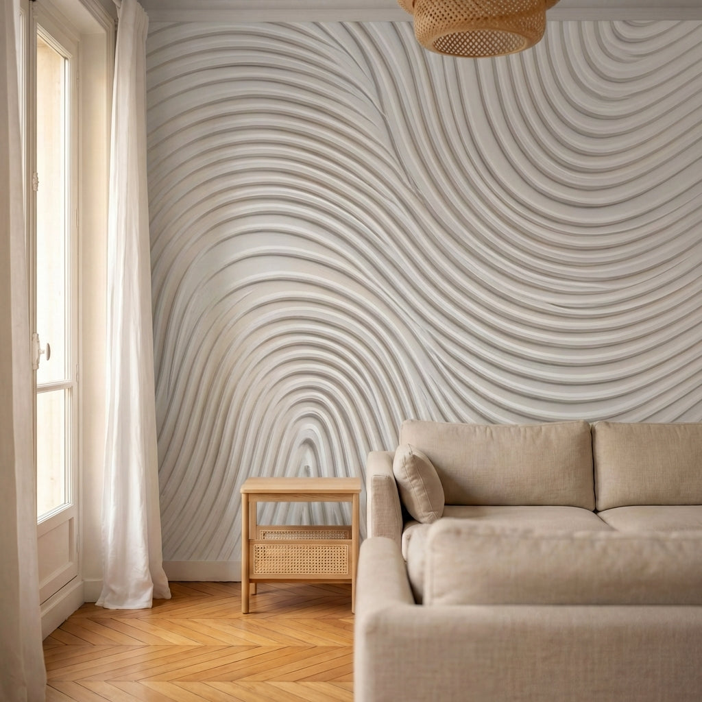 papier peint abstrait lignes courbes ondulantes relief sculptural tons beige cre-8