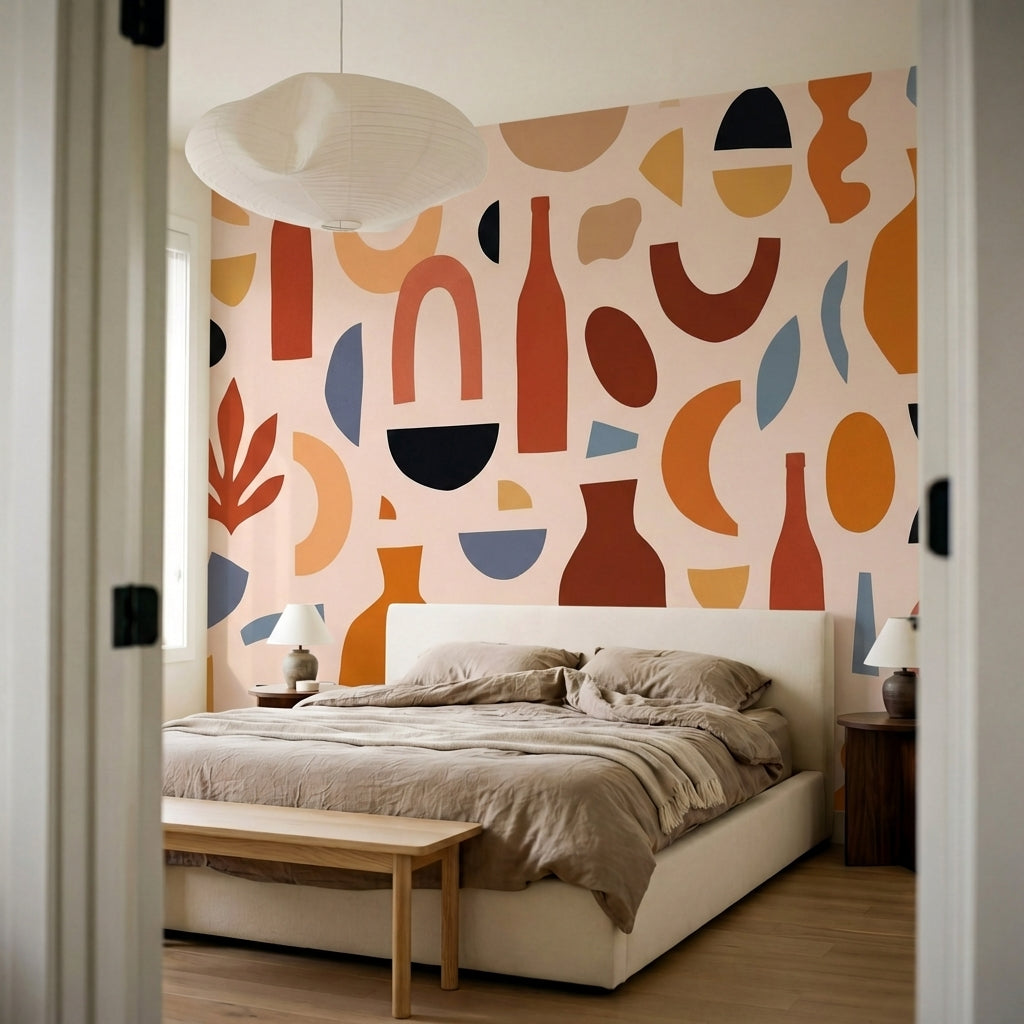 papier peint abstrait poteries vases formes geometriques tons beige orange terra-10