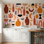 papier peint abstrait poteries vases formes geometriques tons beige orange terra-3