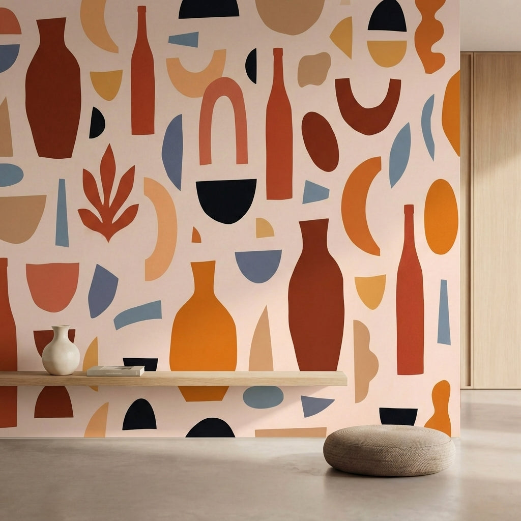 papier peint abstrait poteries vases formes geometriques tons beige orange terra-4