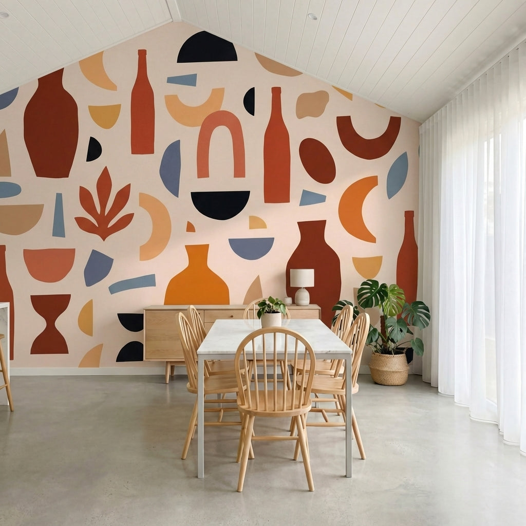 papier peint abstrait poteries vases formes geometriques tons beige orange terra-7