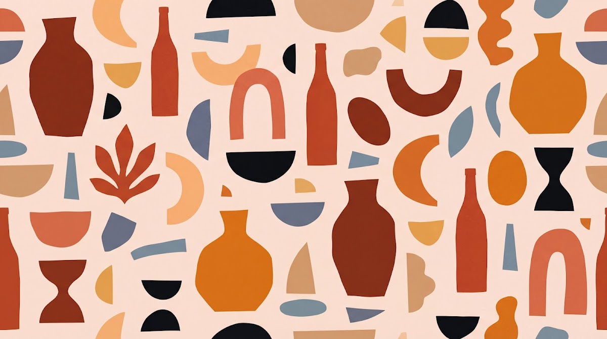 Papier peint panoramique abstrait - Poteries vases formes géométriques tons beige orange terracotta et bleu gris sur mesure - Design