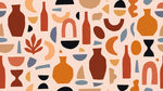 Papier peint panoramique abstrait - Poteries vases formes géométriques tons beige orange terracotta et bleu gris sur mesure - Design