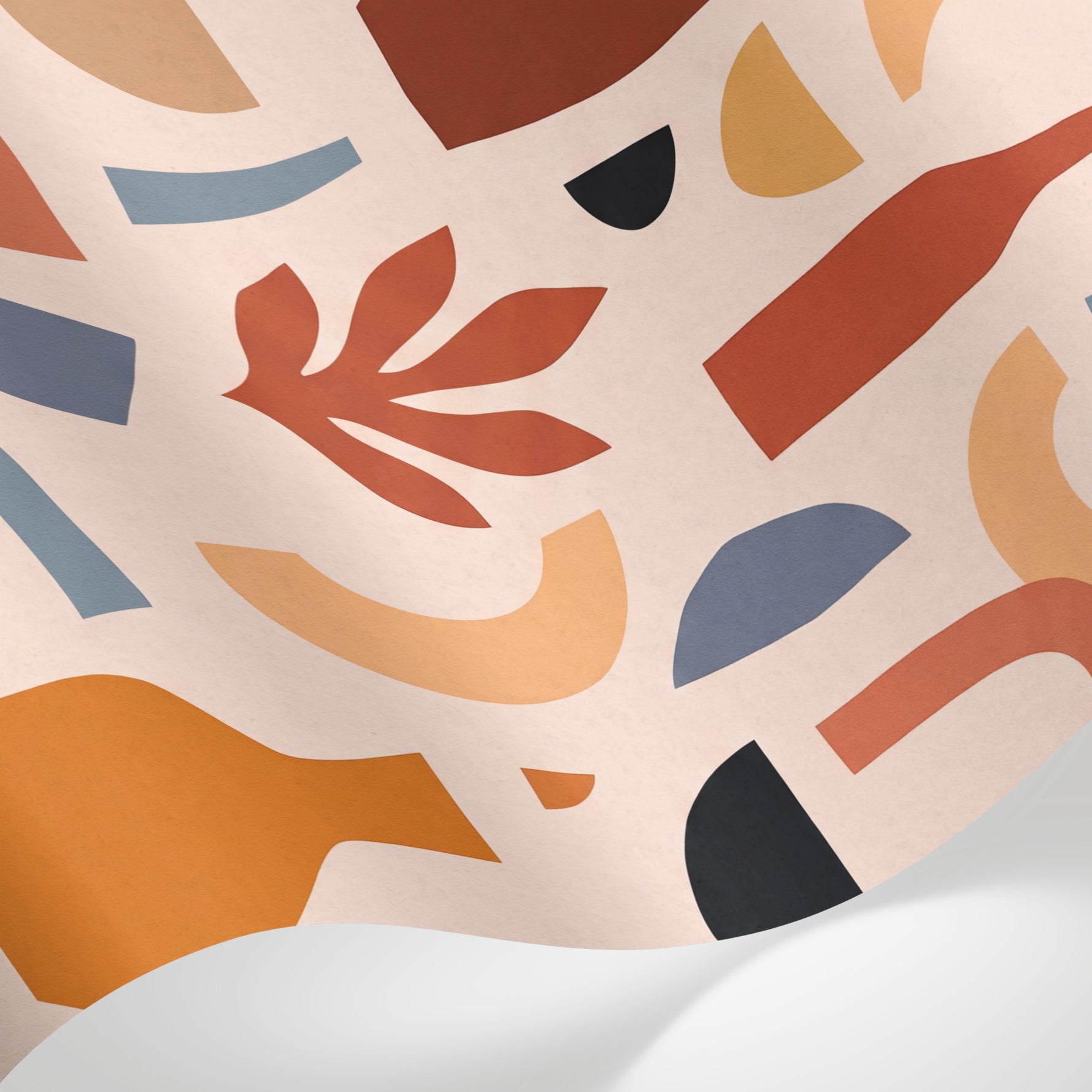Papier peint panoramique abstrait - Poteries vases formes géométriques tons beige orange terracotta et bleu gris sur mesure - Matière