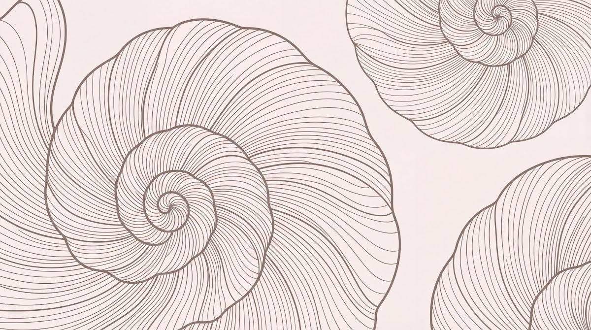 Papier peint panoramique abstrait - Spirales coquillages nautilus entrelacés tons beige rosé et brun sur mesure - Design