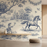papier peint anglais fleurs scene pastorale chevaux personnages motifs floraux b-1