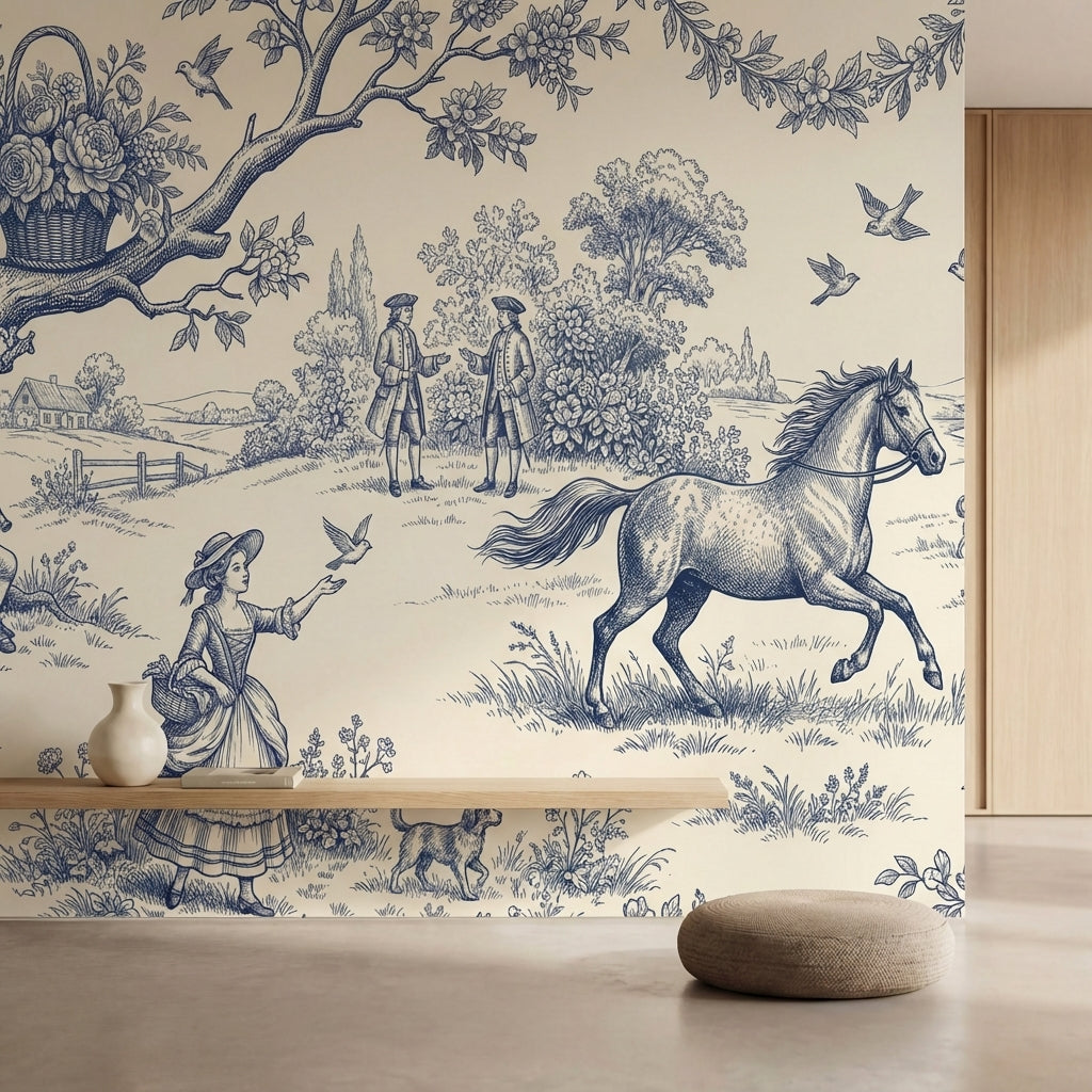 papier peint anglais fleurs scene pastorale chevaux personnages motifs floraux b-1