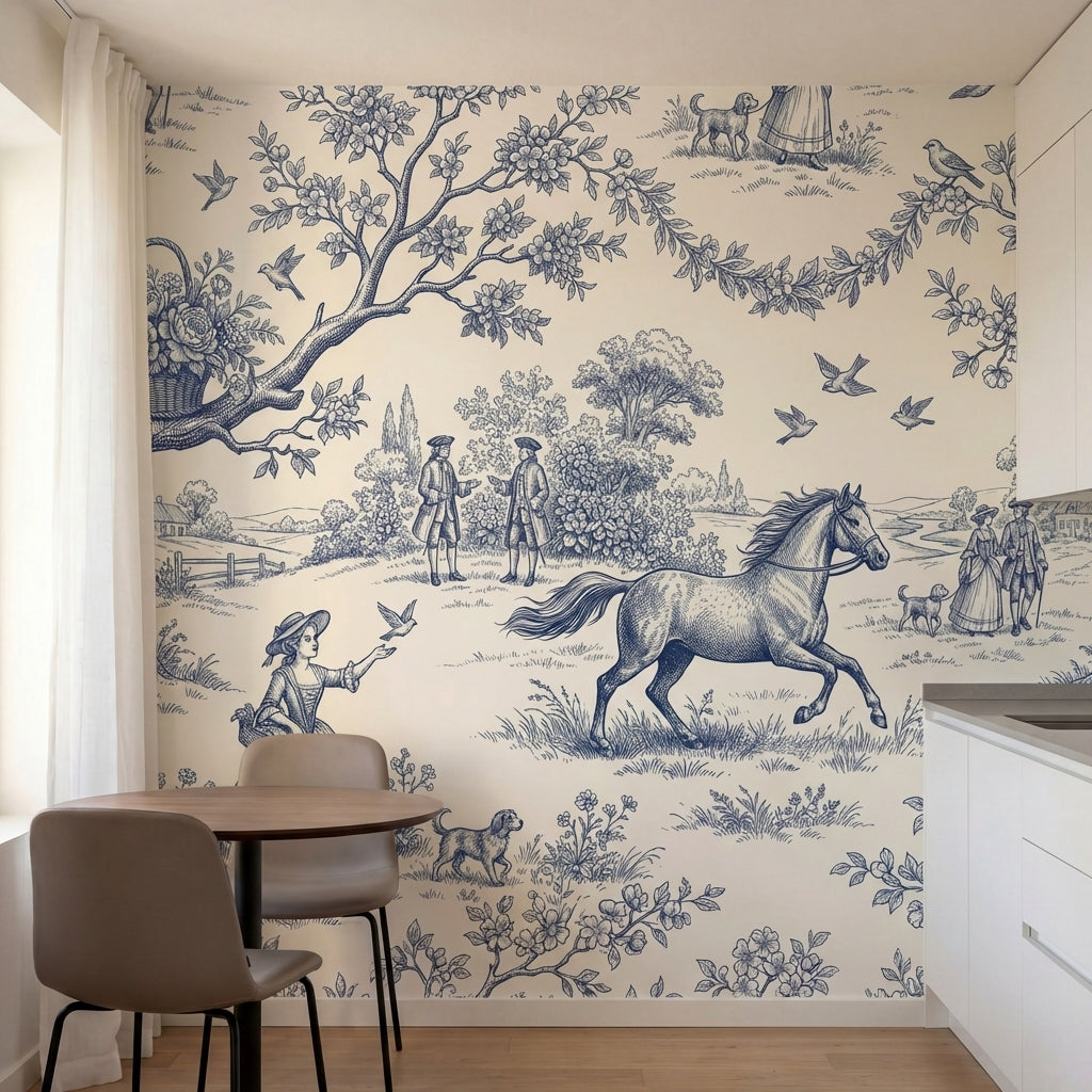 papier peint anglais fleurs scene pastorale chevaux personnages motifs floraux b-5