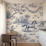 papier peint anglais fleurs scene pastorale chevaux personnages motifs floraux b-5